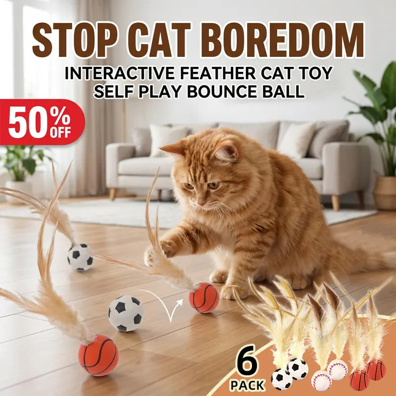 【6 Pieces】Interactive Cat Toy Feather Bounce Ball Self Play Hunting Instinct Toy for Indoor Cats Keep Cats Active Reduce Boredom Anxiety Kitten Exercise Toy Lightweight Durable Cat Enrichment Toy 6 Pack Cat Toys for Indoor Cats Kitten Play Activity Home